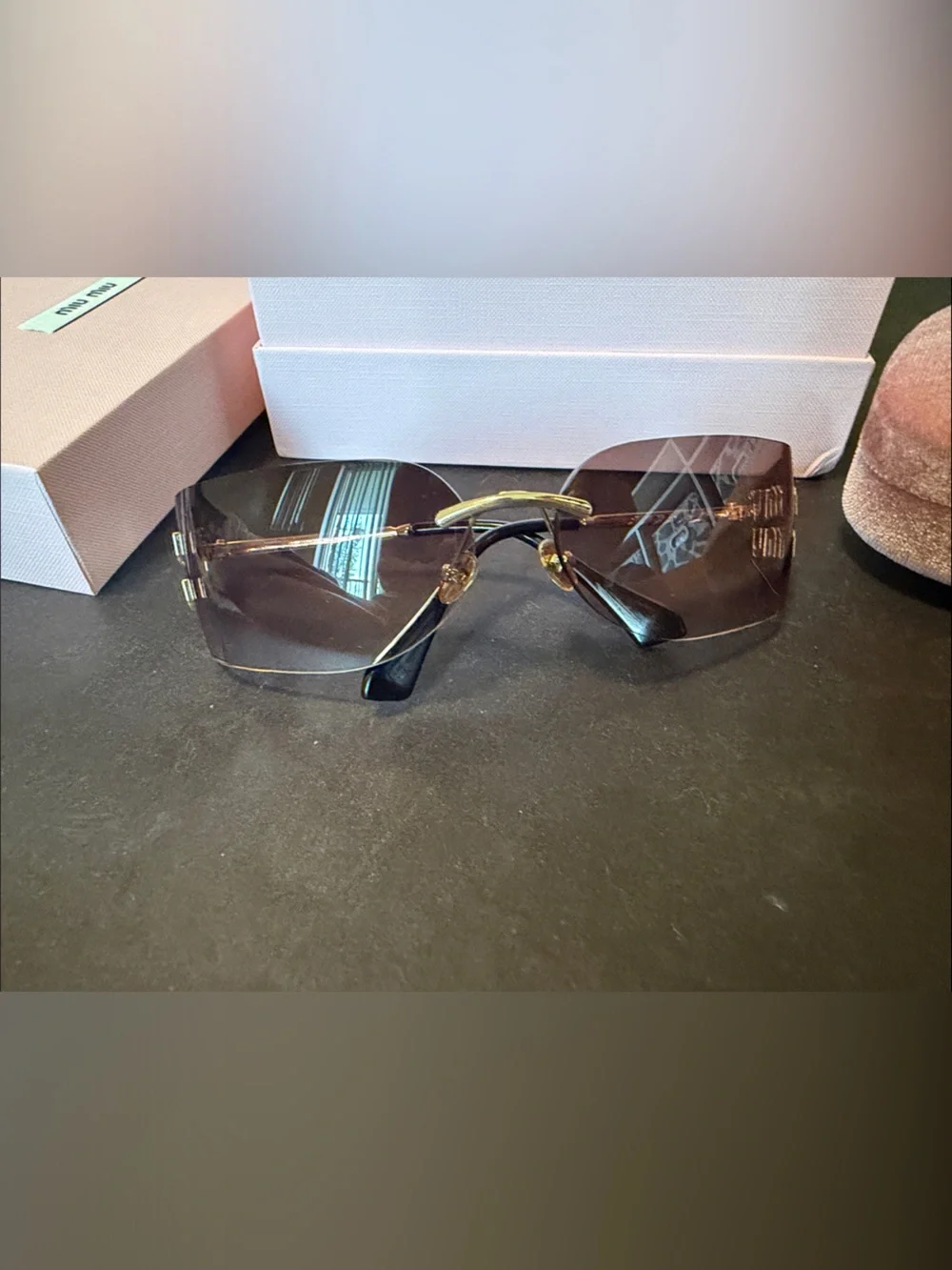 Miu Miu Gold-Accent Rimless Sunglasses with Brown Gradient Lenses